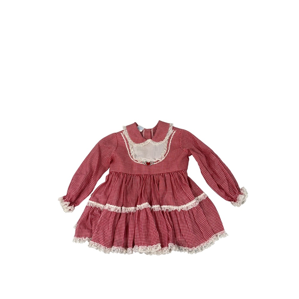 Vintage MiniWorld Red Gingham Lace Tiered Dress Kids Size 2 Prairie Farm